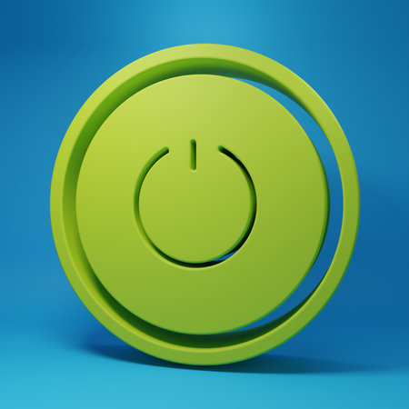 Green Power button icon isolated on blue background. Start sign. Minimalism concept. 3D render illustration.の写真素材