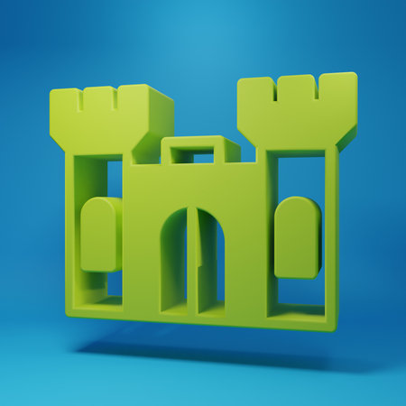 Green Castle icon isolated on blue background. Minimalism concept. 3D render illustration.の写真素材