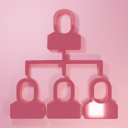 Pink Business hierarchy organogram chart infographics icon isolated on pink background. Corporate organizational structure graphic elements. Minimalism concept. 3D render illustration.の写真素材