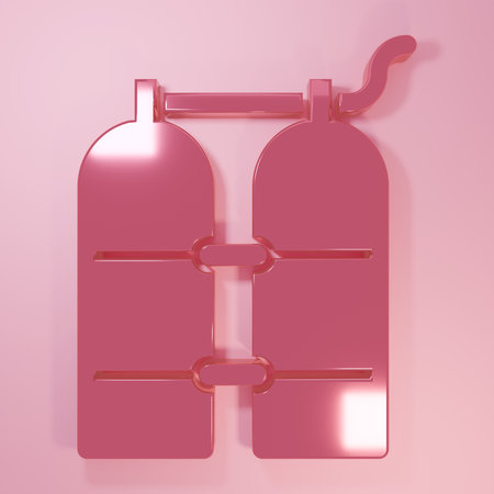 Pink icon isolated on pink background. Oxygen tank for diver. Diving equipment. Extreme sport. Diving underwater equipment. Minimalism concept. 3D render illustration.の写真素材