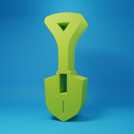 Green Shovel icon isolated on blue background. Gardening tool. Tool for horticulture, agriculture, farming. Minimalism concept. 3D render illustration.の写真素材