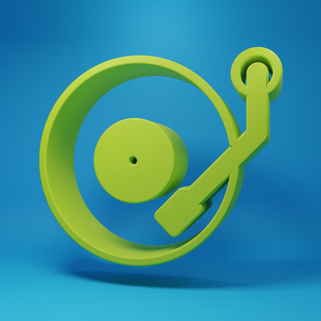 Green Vinyl player with a vinyl disk icon isolated on blue background. Minimalism concept. 3D render illustration.の写真素材