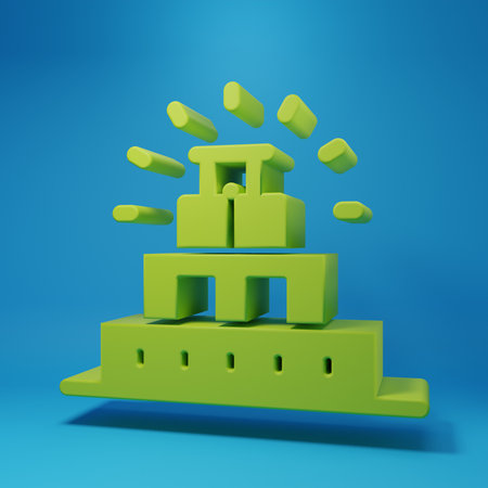Green Chichen Itza in Mayan icon isolated on blue background. Ancient Mayan pyramid. Famous monument of Mexico. Minimalism concept. 3D render illustration.の写真素材