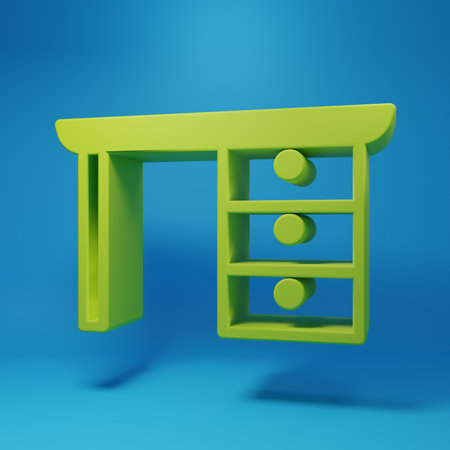 Green Office desk icon isolated on blue background. Minimalism concept. 3D render illustration.の写真素材