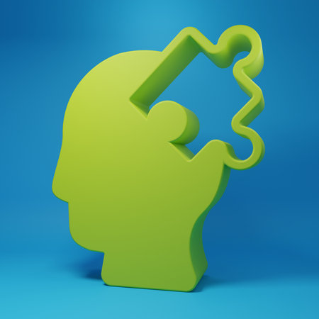 Green Solution to the problem in psychology icon isolated on blue background. Puzzle. Therapy for mental health. Minimalism concept. 3D render illustration.の写真素材