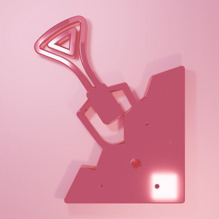 Pink Shovel and stone icon isolated on pink background. Gardening tool. Tool for horticulture, agriculture, farming. Minimalism concept. 3D render illustration.の写真素材