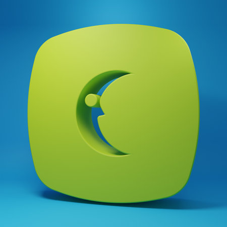 Green Moon and stars icon isolated on blue background. Cloudy night sign. Sleep dreams symbol. Full moon. Night or bed time sign. Minimalism concept. 3D render illustration.の写真素材