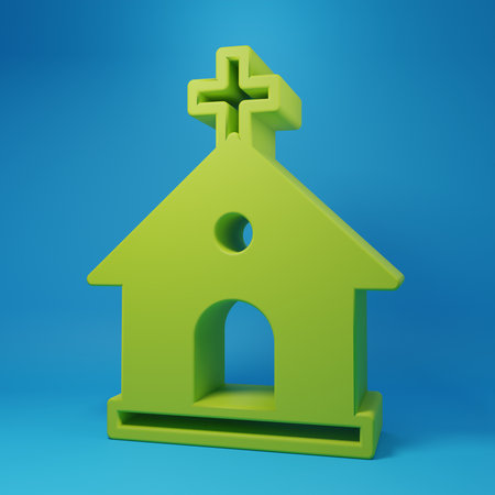 Green Church building icon isolated on blue background. Christian Church. Religion of church. Minimalism concept. 3D render illustration.の写真素材