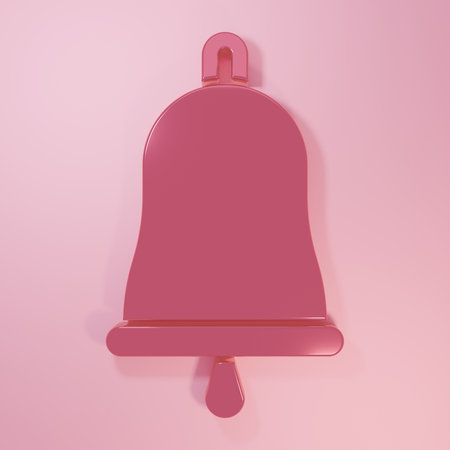 Pink Ringing bell icon isolated on pink background. Alarm symbol, service bell, handbell sign, notification symbol. Minimalism concept. 3D render illustration.の写真素材