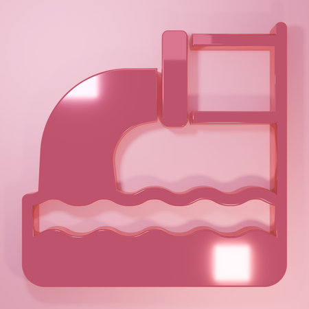 Pink Wastewater icon isolated on pink background. Sewer pipe. From the pipe flowing liquid into the river. Minimalism concept. 3D render illustration.の写真素材