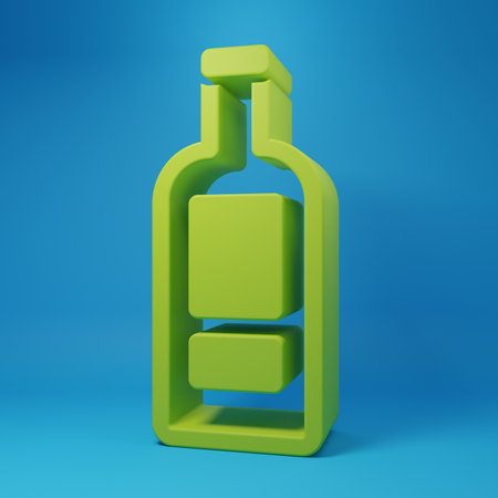 Green Glass bottle icon isolated on blue background. Minimalism concept. 3D render illustration.の写真素材