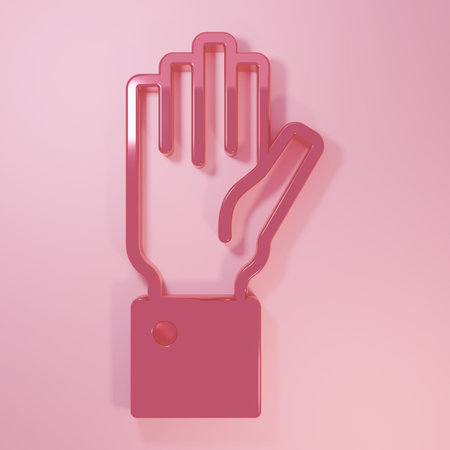 Pink Hand holding auction icon isolated on pink background. Bidding concept. Auction competition Minimalism concept. 3D render illustration.の写真素材