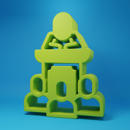 Green Auction auctioneer sells icon isolated on blue background. Auction business, bid and sale. Minimalism concept. 3D render illustration.の写真素材