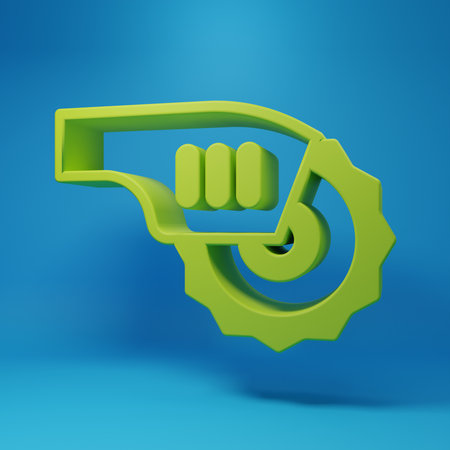 Green circular saw with steel toothed disc icon isolated on blue background. Hand tool for cutting wood or metal. Minimalism concept. 3D render illustration.の写真素材