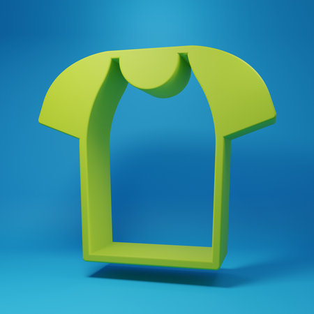 Green T-shirt icon isolated on blue background. Shirt. Minimalism concept. 3D render illustration.の写真素材