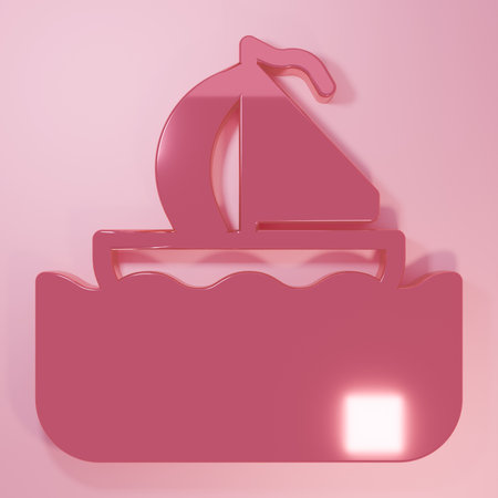 Pink Yacht sailboat or sailing ship icon isolated on pink background. Sail boat marine cruise travel. Minimalism concept. 3D render illustration.の写真素材