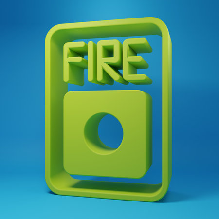 Green Fire alarm system icon isolated on blue background. Pull danger fire safety box. Minimalism concept. 3D render illustration.の写真素材
