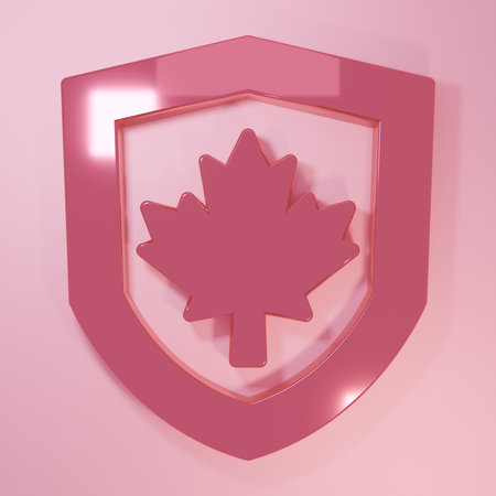 Pink Canada flag on shield icon isolated on pink background. Minimalism concept. 3D render illustration.の写真素材