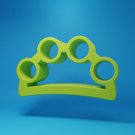 Green Musical instrument percussion tambourine, with metal plates icon isolated on blue background. Minimalism concept. 3D render illustration.の写真素材