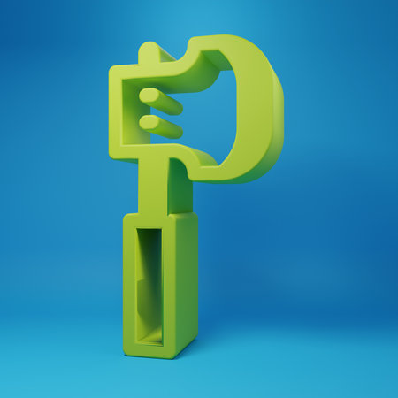 Green Wooden ax icon isolated on blue background. Minimalism concept. 3D render illustration.の写真素材