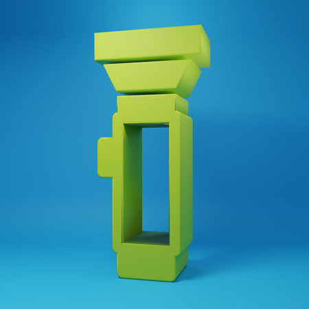 Green Flashlight icon isolated on blue background. Minimalism concept. 3D render illustration.の写真素材