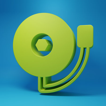 Green Ringing alarm bell icon isolated on blue background. Fire alarm system. Service bell, handbell sign, notification symbol. Minimalism concept. 3D render illustration.の写真素材