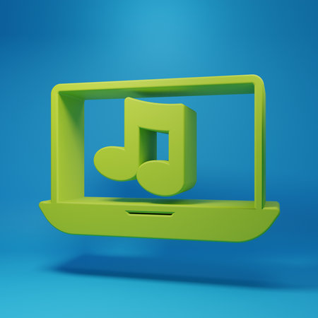 Green Laptop with music note symbol on screen icon isolated on blue background. Minimalism concept. 3D render illustration.の写真素材