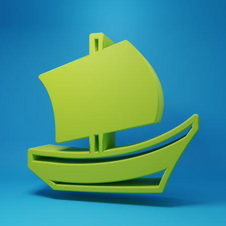 Green Egyptian ship icon isolated on blue background. Egyptian papyrus boat. Minimalism concept. 3D render illustration.の写真素材