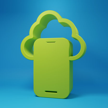 Green Cloud technology data transfer and storage icon isolated on blue background. Minimalism concept. 3D render illustration.の写真素材