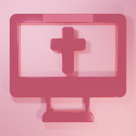Pink Christian cross on monitor icon isolated on pink background. Church cross. Minimalism concept. 3D render illustration.の写真素材