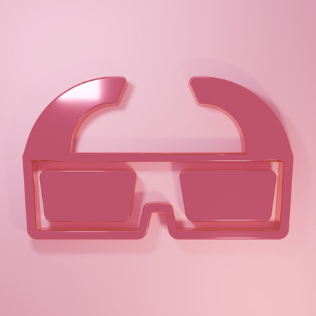 Pink 3D cinema glasses icon isolated on pink background. Minimalism concept. 3D render illustration.の写真素材