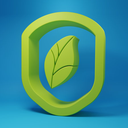 Green Shield with leaf icon isolated on blue background. Eco-friendly security shield with leaf. Minimalism concept. 3D render illustration.の写真素材