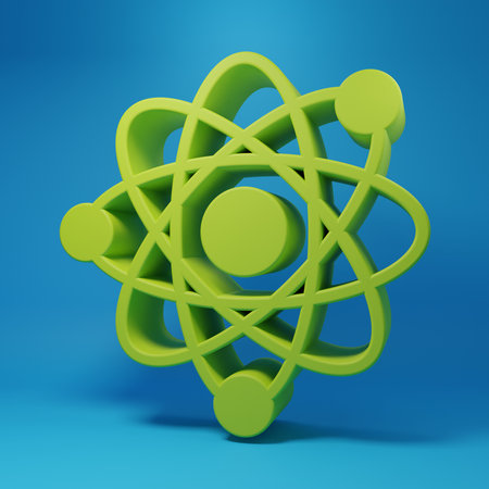 Green Molecule icon isolated on blue background. Structure of molecules in chemistry, science teachers innovative educational poster. Minimalism concept. 3D render illustration.の写真素材