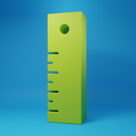 Green Ruler icon isolated on blue background. Straightedge symbol. Minimalism concept. 3D render illustration.の写真素材