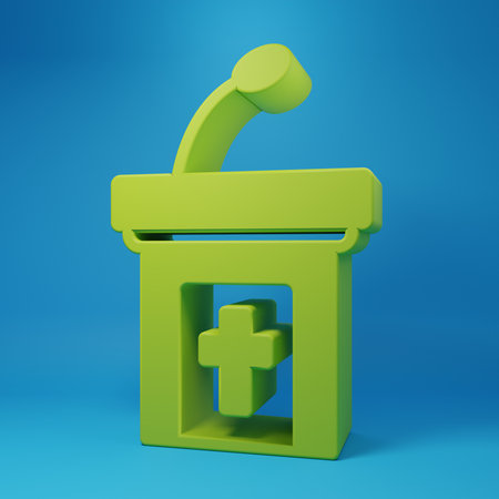 Green sermon tribune icon isolated on blue background. The podium of the preacher. Minimalism concept. 3D render illustration.の写真素材