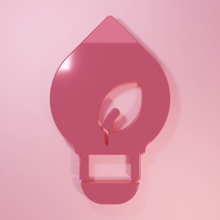 Pink Light bulb with leaf icon isolated on pink background. Eco energy concept. Alternative energy concept. Minimalism concept. 3D render illustration.の写真素材