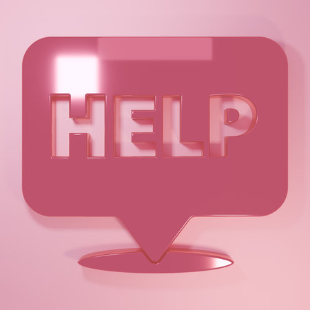 Pink Speech bubble with text Help icon isolated on pink background. Minimalism concept. 3D render illustration.の写真素材