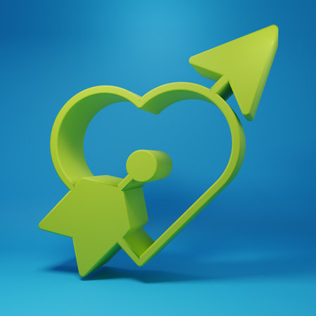 Green Amour symbol with heart and arrow icon isolated on blue background. Love sign. Happy Valentines day. Minimalism concept. 3D render illustration.の写真素材