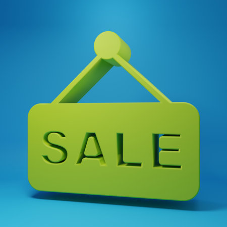 Green Price tag with an inscription Sale icon isolated on blue background. Badge for price. Promo tag discount. Minimalism concept. 3D render illustration.の写真素材