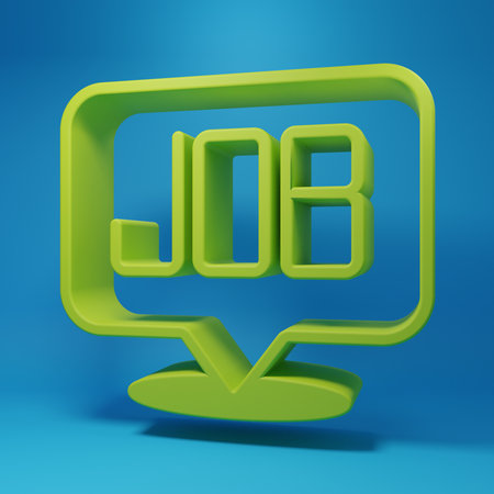 Green Search job icon isolated on blue background. Recruitment or selection concept. Human resource and recruitment for business. Minimalism concept. 3D render illustration.の写真素材