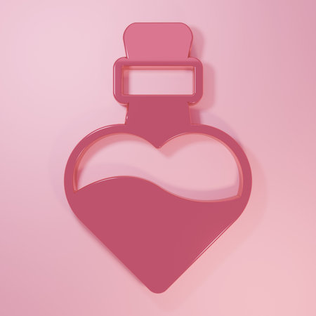 Pink Bottle with love potion icon isolated on pink background. Happy Valentines day. Minimalism concept. 3D render illustration.の写真素材