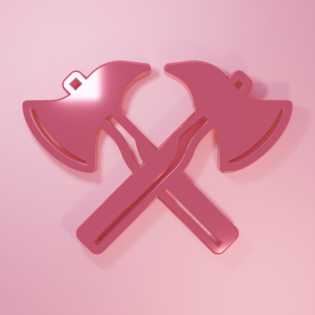Pink ax icon isolated on pink background. Fire axe. Minimalism concept. 3D render illustration.の写真素材