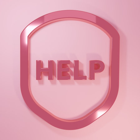 Pink Shield with text Help icon isolated on pink background. Guard sign. Security, safety, protection, privacy concept. Minimalism concept. 3D render illustration.の写真素材