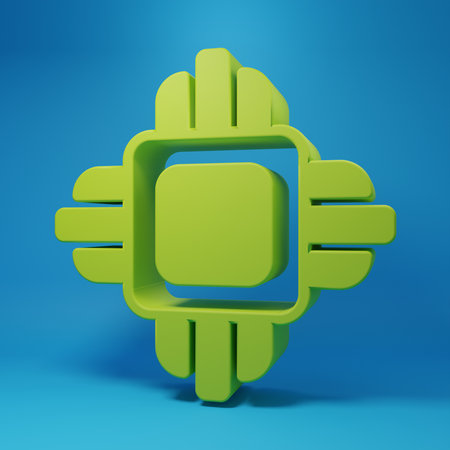 Green Molecule icon isolated on blue background. Structure of molecules in chemistry, science teachers educational poster. Minimalism concept. 3D render illustration.の写真素材