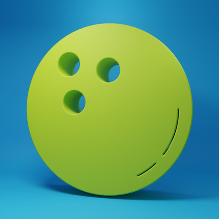 Green Bowling ball icon isolated on blue background. Sport equipment. Minimalism concept. 3D render illustration.の写真素材