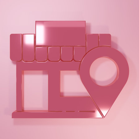 Pink Location with store icon isolated on pink background. Minimalism concept. 3D render illustration.の写真素材