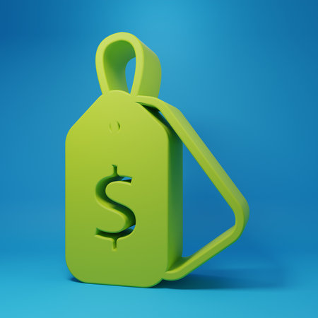 Green Price tag with an inscription Sale icon isolated on blue background. Badge for price. Promo tag discount. Minimalism concept. 3D render illustration.の写真素材