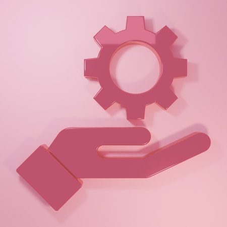 Pink Settings in the hand icon isolated on pink background. Minimalism concept. 3D render illustration.の写真素材