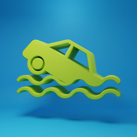 Green Flood car icon isolated on blue background. Insurance concept. Flood disaster concept. Security, safety, protection, protect concept. Minimalism concept. 3D render illustration.の写真素材