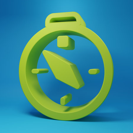Green Compass icon isolated on blue background. Windrose navigation symbol. Wind rose sign. Minimalism concept. 3D render illustration.の写真素材